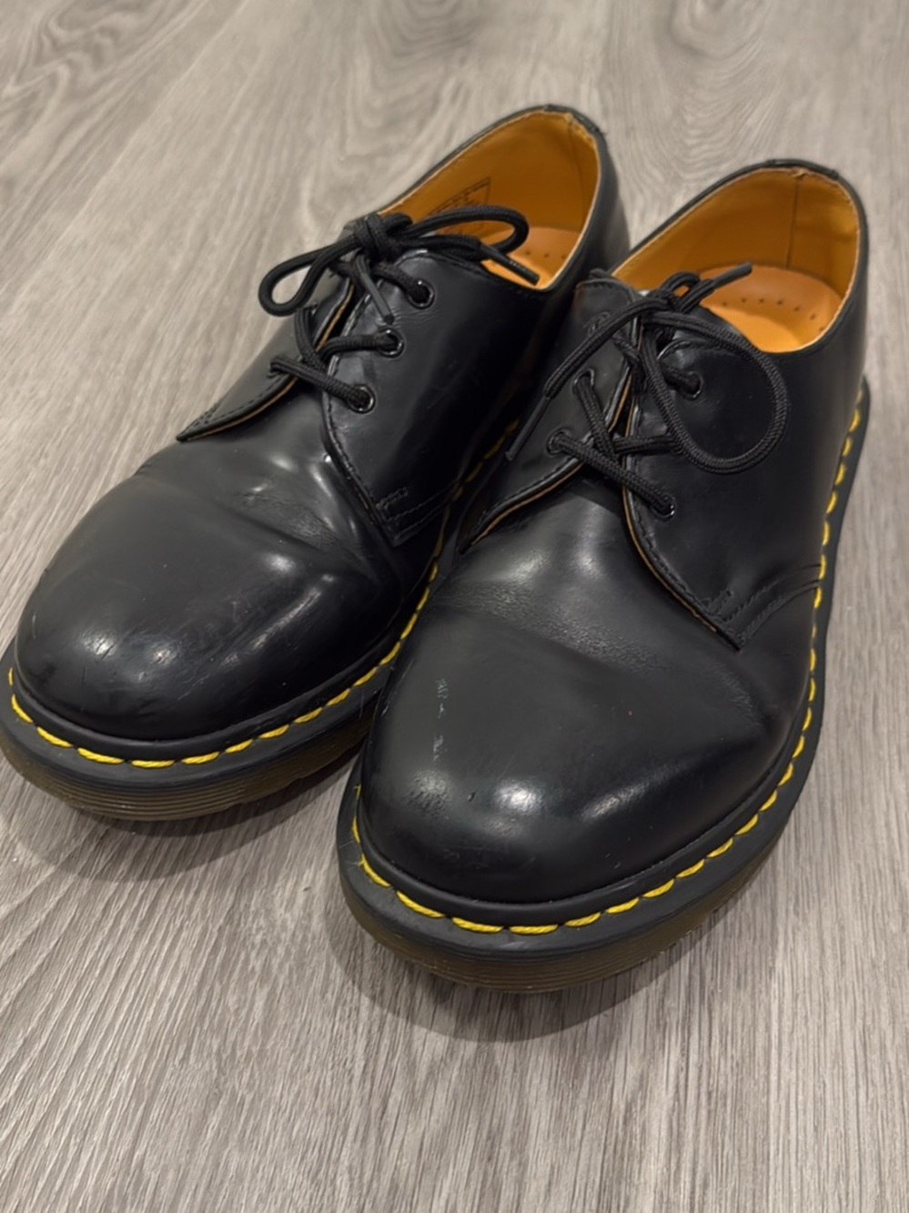 Dr. Martens Black Leather 3-Eye Derby Shoes with Yellow Stitching